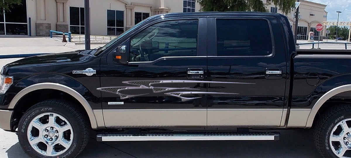 metal style stripes on pickup truck
